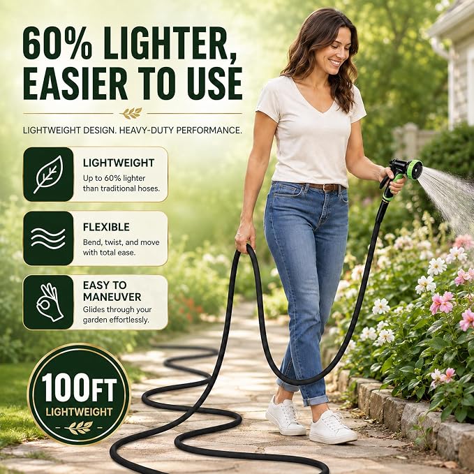 Garden Hose 100FT, NON-EXPANDABLE Flexible Water Hose, Lightweight, Kink-Free, High-pressure Hose Male to Female Fittings for Watering Plants, Washing Cars, Cleaning Patios and Bathing Pets.