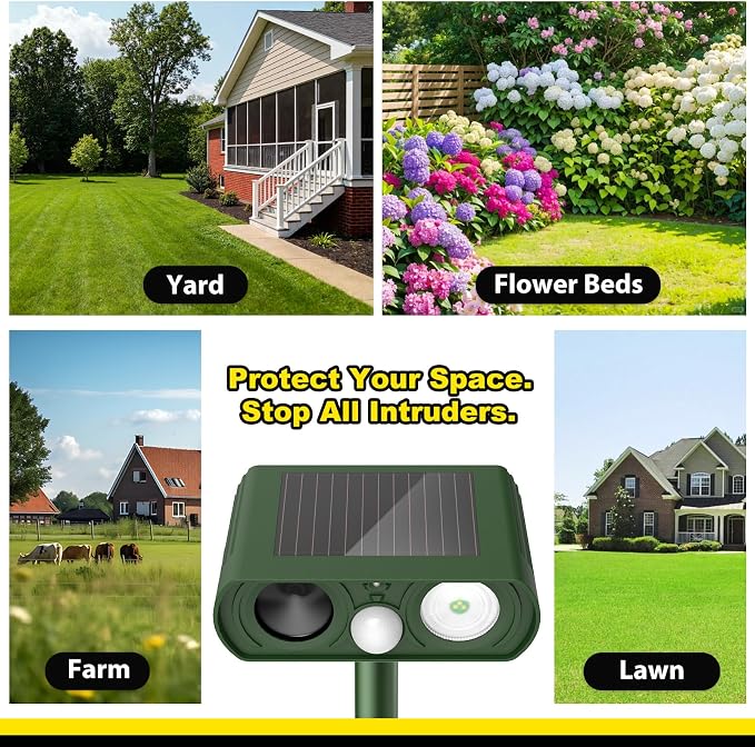 Solar Ultrasonic Animal Repellent Outdoor, Deer Repellent Devices Waterproof, Cat Squirrel Rabbit Dog Raccoon Deterrent Animal Repeller with Motion Detection, Keep Skunk Away for Yard, Green, 1 Pack