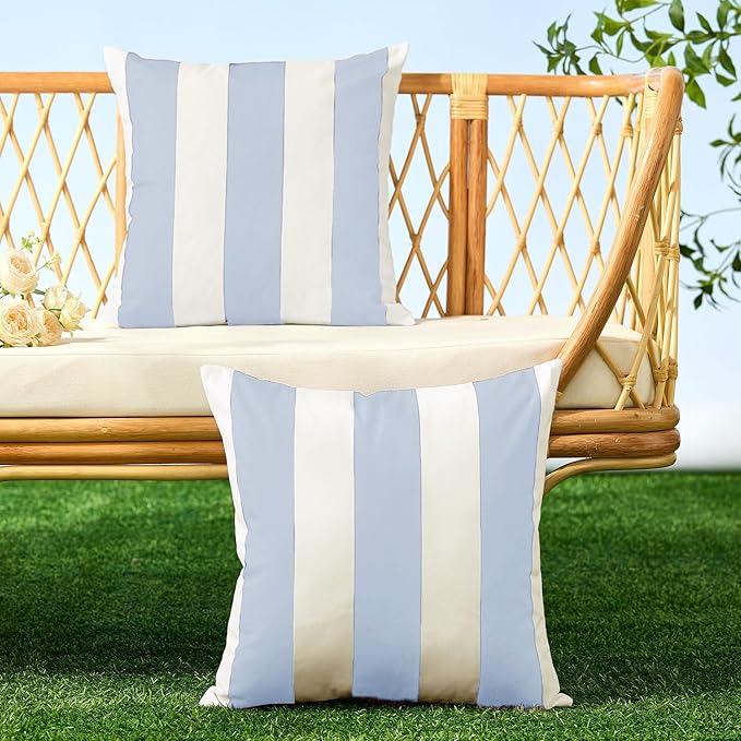 Allorry Outdoor Pillow Covers 18x18 Set of 2 Sky Blue Striped Decoration Throw Pillow Covers for Spring Fall Outdoor Waterproof Garden Patio Furniture Sofa Bed Home Decor JB007-K18
