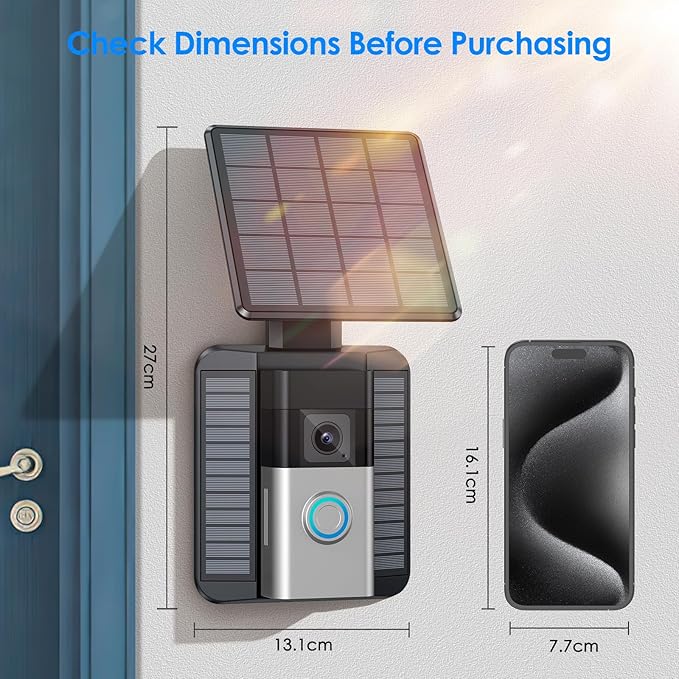 NANW Solar Charger Compatible for Ring Video Doorbell 3/3 Plus/4/Battery Doorbell Plus/Battery Doorbell Pro - 2-Prong Port Charging only, Efficient Solar Panel Mount, Adjustable Solar Charger