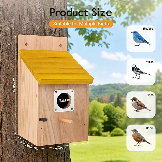 Marsui 4 Pcs Wood Bird Houses for Outside Blue Bird Houses Set with Pole Swallow Birds House with Metal Guards, Safety Locks, Flight Slots, & Ventilation for Bluebirds, Wrens, Finches