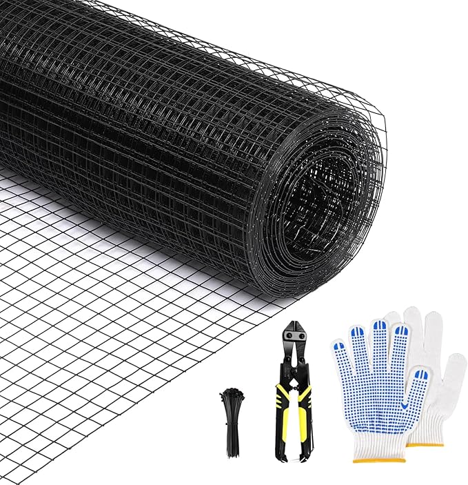 Black Hardware Cloth 48in x 100ft – 19 Gauge Vinyl Coated Steel Wire Mesh Roll, 1" Square Welded Fence for Chicken Coop, Garden Barrier, Animal Control, Outdoor Pet Enclosure, Rodent Proofing