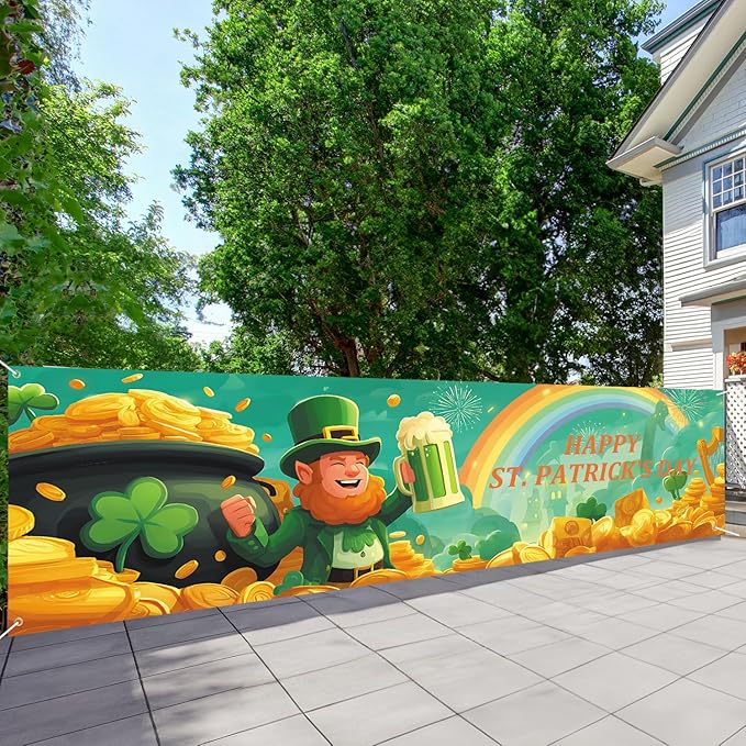10x3 ft Extra Large Happy St. Patrick's Day Banner Outdoor 115''x35'' Happy St. Patrick's Day Banner for Fence Outside Garden Large Banners Yard