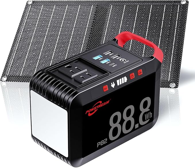 POWSTREAM 21W-Portable-Solar-Panel-Power-Charger Camping 88.8Wh Solar Generator with AC Output and Solar Panel High Efficiency Battery Supply for iPhone,iPad,Outdoor Adventures Home Blackout