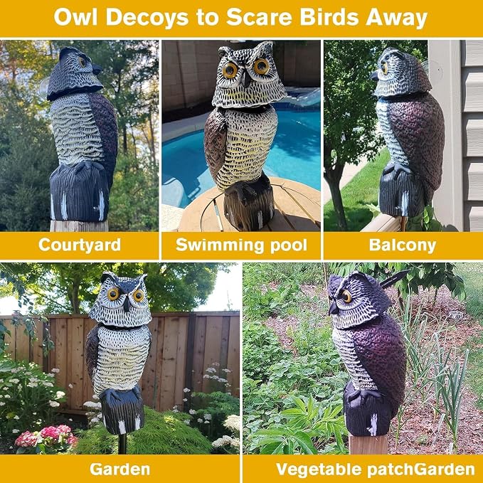 Fake Owl Statue to Scare Birds Away, Waterproof Moving Bird Deterrent Owl | Squirrel Repellent with 360° Rotating Head, Large Plastic Bird Control Owl for Outdoor Garden Patios Balcony Pool Barn Roof