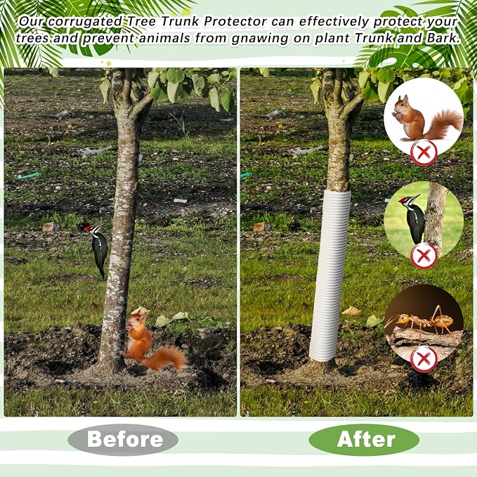Nuenen 20 Pcs Corrugated Tree Guards, Long 15.75 Inch Diameter 1.96 Inch Pp Tree Trunk Protectors, Tree Bark Protector Tube Wraps for Saplings Plants Seedlings Deer Rabbit Cats Rodents Mowers (White)