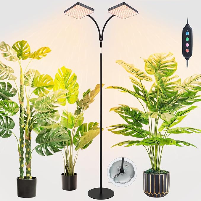 FECiDA 2026 2Head Floor Lamp Grow Light, Grow Lights with Stable Stand Base for Indoor Plants, Bonsai Tree, 4/8/12/16/20 Hr Timer, 50 Watt Power Draw, NO Need Adapter, 40"-76" Height Adjustable