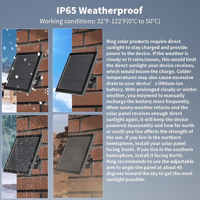 Solar Panel for Ring Camera(2nd Generation) Dustproof Waterproof 5W Solar Panel with 10FT/3M Long Cable for Stick Up & Pro Spotlight Cam Battery for Security Camera 2 Pack-BK