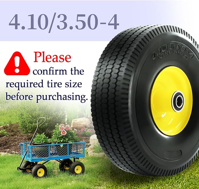 4.10/3.50-4 Tire and Wheel Flat Free, with 5/8” Axle Bore Hole, Extra 3/4”&1/2” Bearings, 2.2” Offset Hub,10” Solid Polyurethane Tires for Hand Trucks, Dollies, Garden Trailer (2Pack)
