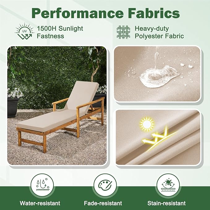 Chaise Lounge Cushions Outdoor, 72x 21x 3 Inch Waterproof & Fade-Resistant Lounge Chair Cushion, Outdoor Chaise Cushion with Removable Cover & Ties for Lawn, Patio, Pool & Beach, Beige