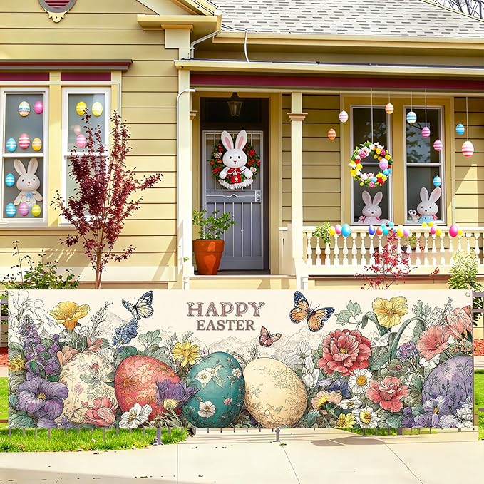Happy Easter Fence Banner 118 x 35 Inch, Large Waterproof Outdoor Easter Eggs Banner with Flowers & Butterflies for Yard Porch Fence Spring Decorations