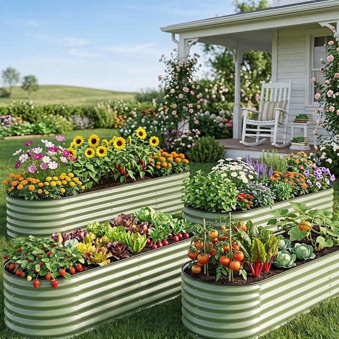 Raised Garden Bed 9x2 Ft, 17" Tall Galvanized Steel Metal Planter Box, 11-in-1 Modular Large Garden Bed Kits for Outdoor Vegetable Flowers, Olive Green