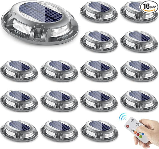 SIEDiNLAR Solar Driveway Light with Remote, 11 RGB Modes, Waterproof Outdoor Safety Light for Driveway Marker Deck Dock Walkway Pathway Step Yard Garden (16 Pack)