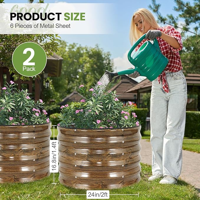 G GOOD GAIN Round Raised Garden Bed - 2Pcs 2x2x1.4ft Galvanized Steel Planter Boxes Outdoor with Rubber Edge Trim | Metal Raised Beds for Gardening Vegetables Flowers Fruits Herbs (Wood Grain)