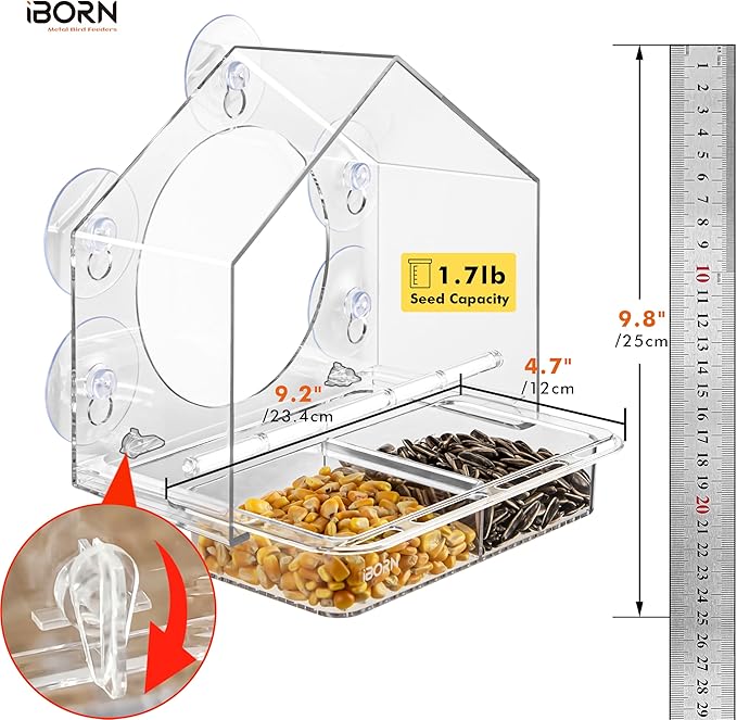 iBorn 2026 New Window Bird Feeders for Outdoors Wind-Proof Tray Lock,Cardinal Bird Feeder with Strong Suction Cups for Window Birds Watching, Chewproof PC, for Parent &Child