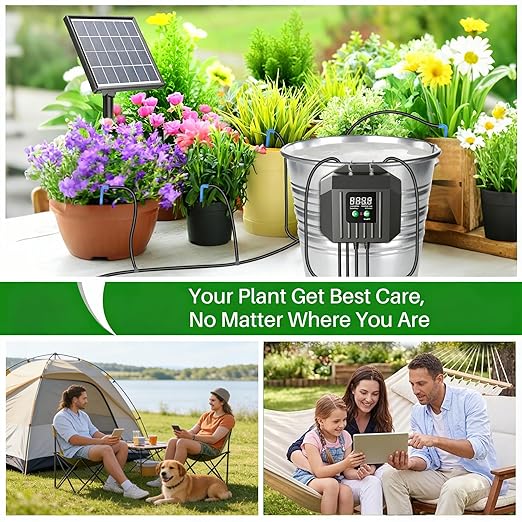 Biling 3W Solar Powered Drip Irrigation System, Digital Programmable Automatic Watering Kit with 2200mAh Battery for 15 Potted Plants, Indoor/Outdoor Use for Garden, Patio, Greenhouse