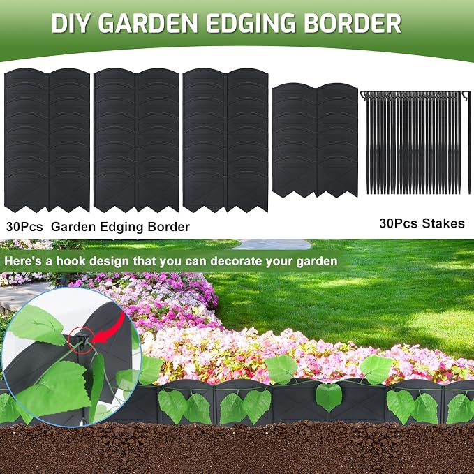 Vashly No-Dig 20ft Landscape Edging, 6 inch Tall Garden Edging Border with 20 Pcs Stakes 7.8 Inch, 20 Pcs Garden Edging Flexible for Garden Flower Beds Lawn Yard Pathway