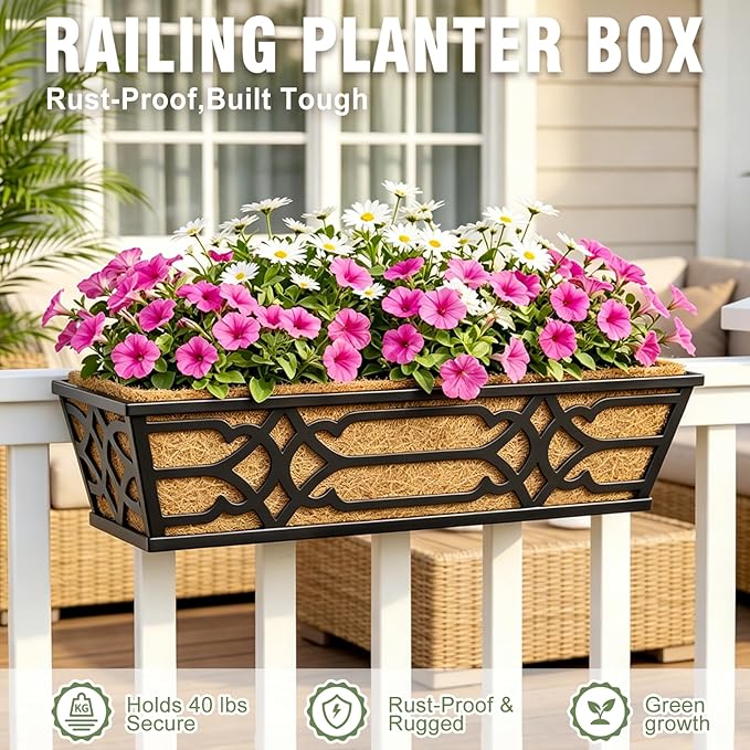 2 Pack 24 Inch Railing Planter Boxes with PET Water Storage Tray & Coco Liner, Window Boxes Planters for Deck Railing, Metal Hanging Flower Box for Outdoor Balcony Fence and Patio Garden