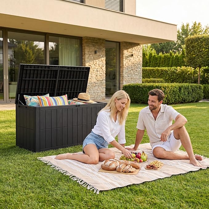 UDPATIO 100 Gallon Deck Box Outdoor Storage Box Lockable Waterproof Resin Indoor Outdoor Storage Container for Patio Cushions, Tools, Package Delivery Boxes for outside