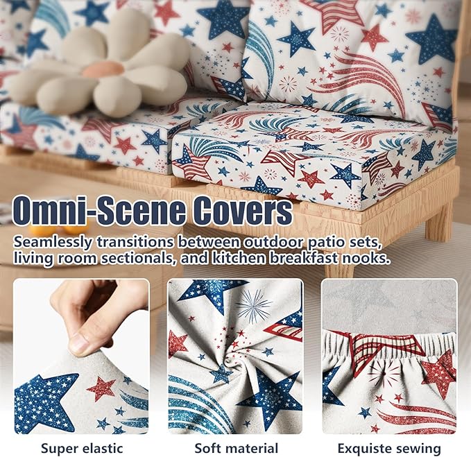 4Pcs Patio Stretch Cushion Covers, Outdoor Couch & Sofa Replacement Slipcovers for Patio Furniture Cushion Covers, Washable Reusable Furniture Protector, Square Large, Retro Stars
