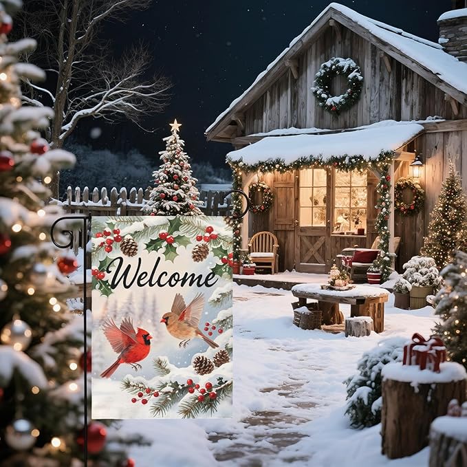 Welcome Winter Garden Flag 12x18 Inch Cardinal Bird Xmas Holiday Seasonal Theme Decorative Yard Flags for Outside Double Sided Outdoor Home Farmhouse Decoration Porch New Year Decor