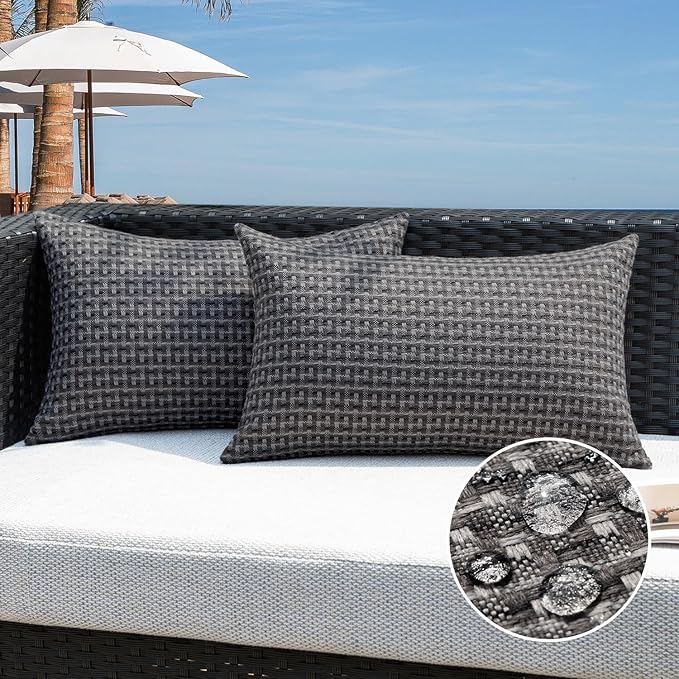 Kevin Textile Outdoor Waterproof Throw Pillow Covers Pack of 2 Boho Farmhouse Decorative Lumbar Cushion Covers for Garden Patio Tent Balcony Bench Couch Sofa 12x24 Inch, Dark Grey