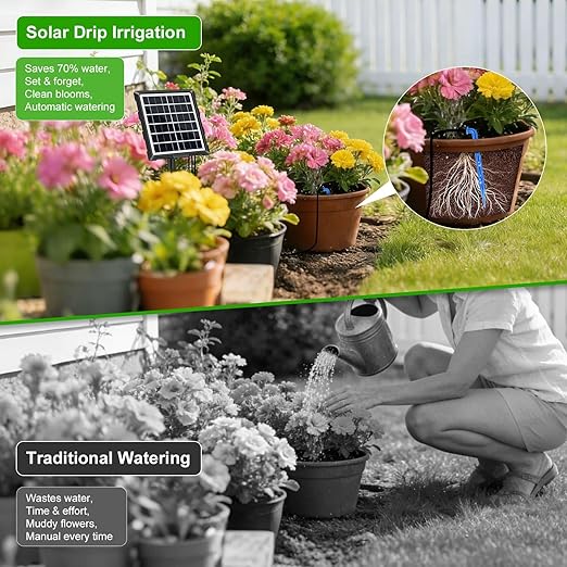 Solar Automatic Drip Irrigation Kit System, 50FT Solar Powered Auto Easy DIY Watering Device Supported Pots Plants, 6 Timing Modes with Anti-Siphoning Device