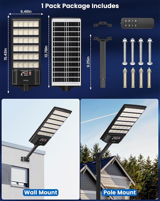 Gefolly Solar Lights Outdoor, 3000K/4000K/6000K Street Lights Outdoor Dusk to Dawn, IP67 Waterproof Solar Flood Security Lights with Motion Sensor for Warehouse, Yard, Garage-2Pack