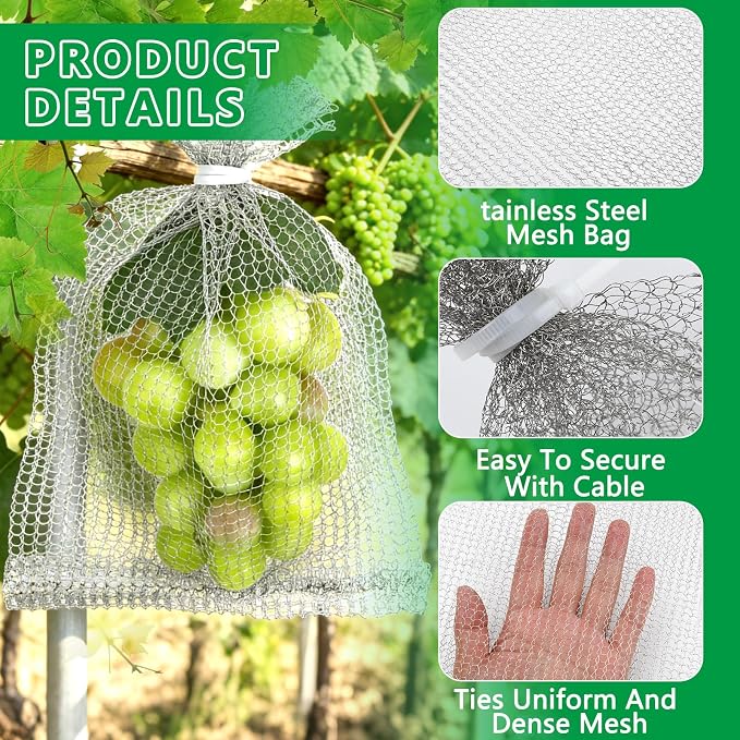 DECYOOL 30 Pack Fruit Protection Wire Mesh Bags, 8 x 12 Inches Stainless Steel Root Protection Bags for Orchard Garden Vegetable Fruits Berries