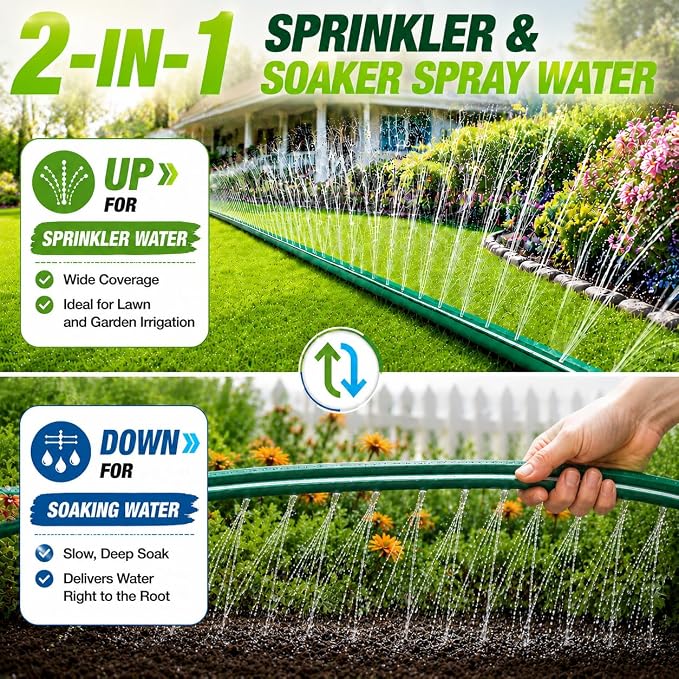 MIXC Reinforced Sprinkler Hose with Holes, 100FT (25FT×4 Pack) No-Kink Heavy Duty Flat Sprinkler Soaker Hose with Stakes & Splitters, Drip Irrigation Garden Hose for Lawn, Yard, Vegetable & Flower Bed
