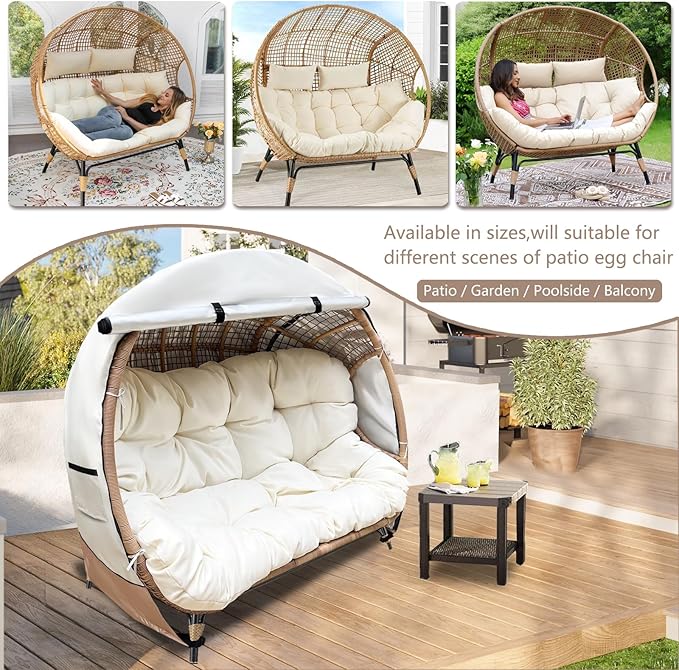 okcool Outdoor Egg Chair Cover,Double Egg Chair Cover for 2 Person Egg Loveseat Chair (Beige & Brown,Fits 35.4" D x 57.1" W x 56.3" H Egg Chair) ﻿