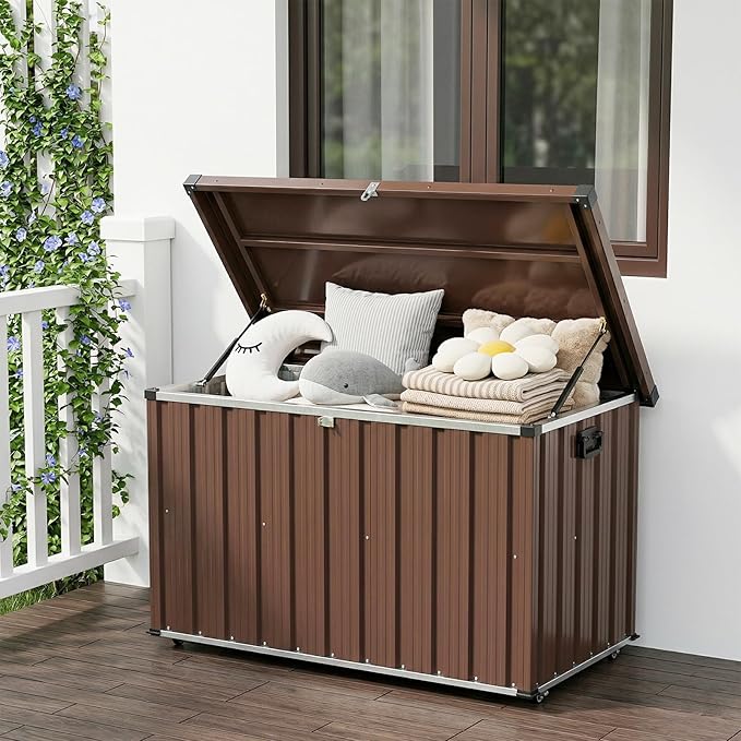 120 Gallon Metal Deck Box Waterproof Outdoor Storage Box with Wheels and Handles, Patio Storage Box for Cushions, Tools and Pool Gear, Steel Frame and Panels for Deck Porch Poolside Garden，Brown