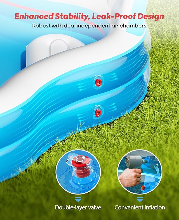 QPAU Inflatable Swimming Pool with 2 Seats and Backrests, 80" L x 80" W x 27" D Large Full-Sized Family Pools for Kids and Adults for Backyard, Garden, Outdoors, Clear Blue
