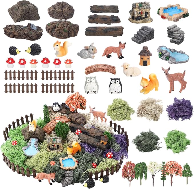 Chunful 45 Pcs Adult Fairy Garden Accessories Miniature Garden Figurines Tiny Resin Animals Forest Kit Pool Bridge Fence Pond Mushroom for Potted Plant Bonsai Terrarium Decor