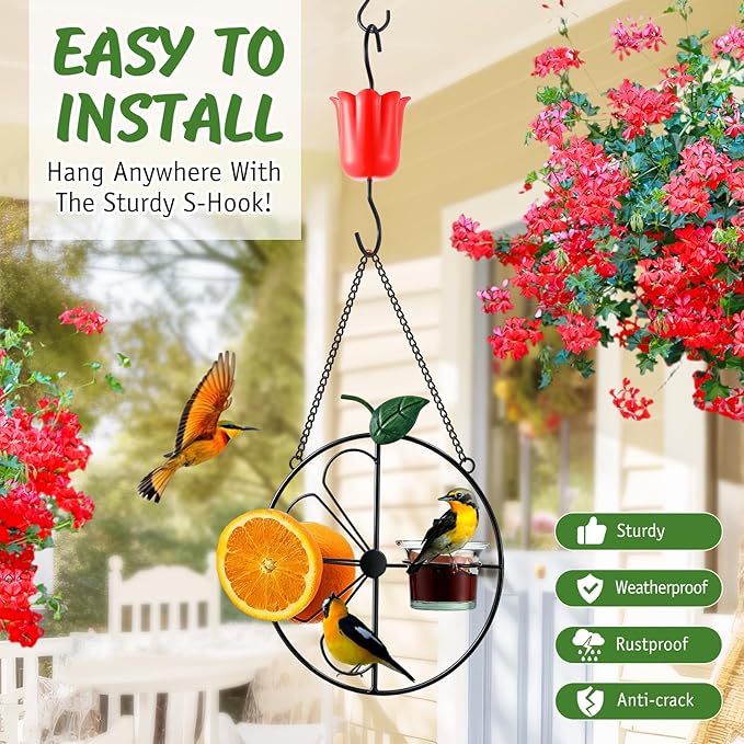 Baltimore Oriole Bird Feeder for Outdoors Oriole Feeder with Ant Moat & Glass Bowl & Ant Moat & Cleaning Brush, Metal Hanging for Jelly, Nectar, Mealworms & Orange Halves(Black,1 Pack)
