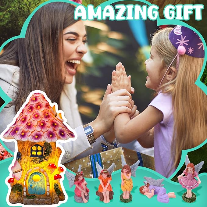 70 Pcs Fairy Garden House Resin Kit Glowing Tree House Miniature Garden Fairy Animals Garden Accessories Decor Outdoor Mini Landscape Ornaments