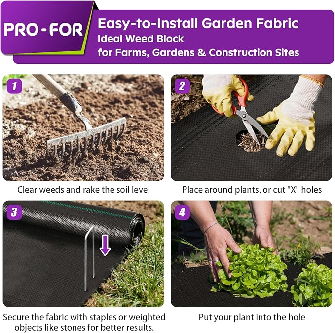 4FT x 50FT 3.2oz Heavy Duty Weed Barrier Landscape Fabric – Premium Woven Ground Cover for Gardening, Farming & Driveways, Breathable Weed Control Cloth with 10 U-Shaped Securing Pegs