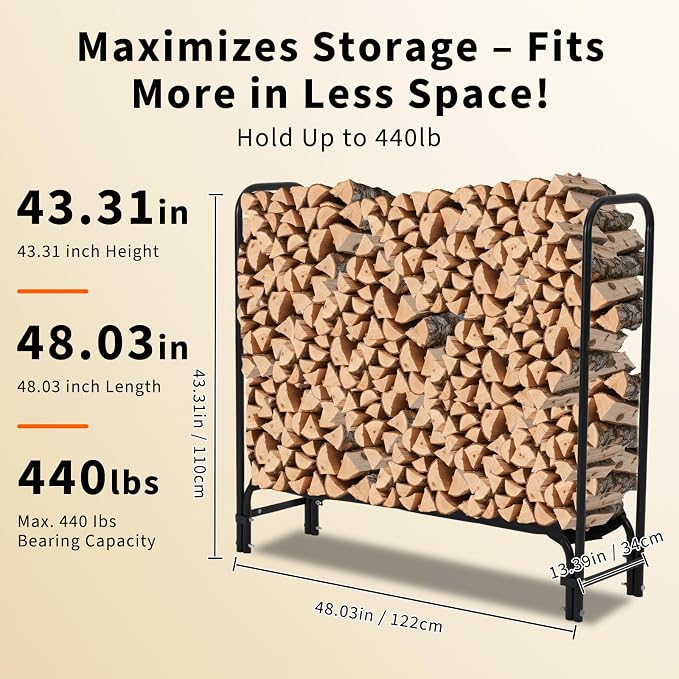 4ft Firewood Rack Holder, Heavy Duty Fire Log Stacker Stand for Fireplace, Outdoor Indoor Metal Wood Pile Storage Organizer, Patio Logs Stand tool, Black