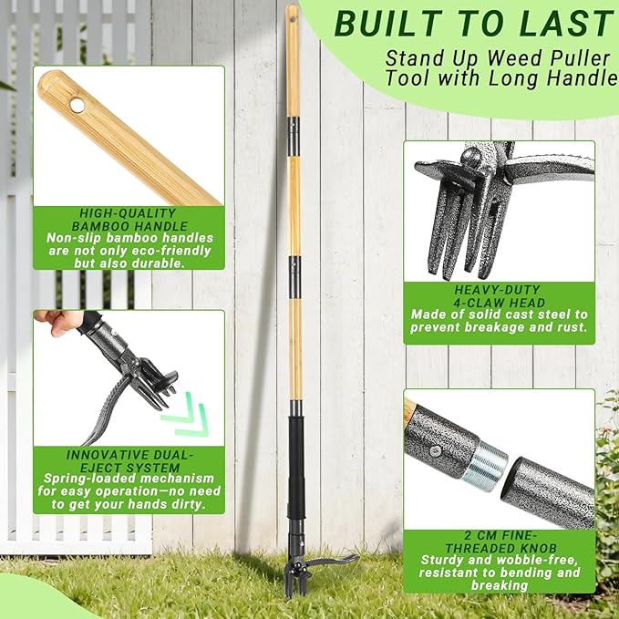 Weed Puller Tool, Heavy Duty Gardening Hand Tools with 4-Claw Steel Head & Dual-Eject Mechanism, 57.5" Bamboo Long Handle Stand Up Weeding Tool for Lawn Yard, Includes 16 Gallon Leaf Bag