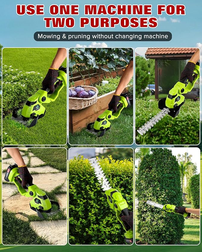 Cordless Hedge Trimmer，2-in-1 Bush Trimmer，Cordless Grass Shear & Shrubbery Trimmer with Dual-Action Blade Cutting Capacity,Hedge Shear with 2 PCS Rechargeable Battery and Charger for Garden,Lawn.