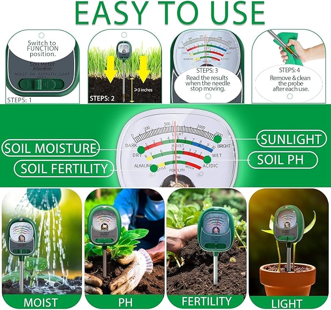 Soil Moisture Meter for Plants, 4-in-1 Soil Tester - pH/Fertility/Sunlight Meter, Large Dial, Indoor/Outdoor Plant Water Monitor, Garden Soil Test Kit for Lawn, Farm, Houseplants
