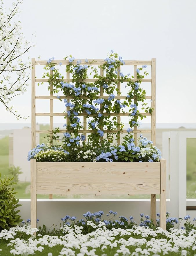 65" Elevated Wooden Raised Garden Bed Planter Box with Trellis, Stand & Waterproof Liner - Large Outdoor Grow Box for Vegetables, Herbs, Flowers on Patio, Balcony, Backyard