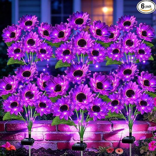 Solar Garden Lights Outdoor, 6 Pack Purple Sunflower Lights with 36 Real Looking Flowers, Waterproof Summer Garden Decor Solar Flowers for Yard Backyard Patio Flowerbed Yard, Gift for Mom Women