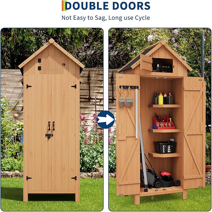GarveeLife 70 in Outdoor Wooden Storage Shed Waterproof, Vertical Outdoor Storage Cabinet with 3 Shelves, Roof Storage & Lockable Door, Space-Saving Garden Tool Shed for Patio, Yard, Lawn
