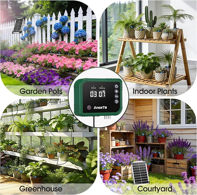 8W Solar Drip Irrigation System for Gardens, DIY Automatic Drip Kit, Supports Watering 30 Pots, Includes 35m Drip Hose and 30 Emitters Suitable for Gardens/Greenhouses/Outdoor Irrigation Timer