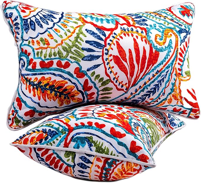 JMGBird Red Paisley Lumbar Support Pillow Set of 2 - Water-Repellent Cushions with Insert for Office Chair, Car Seat, Outdoor Furniture, 12x20 Inch