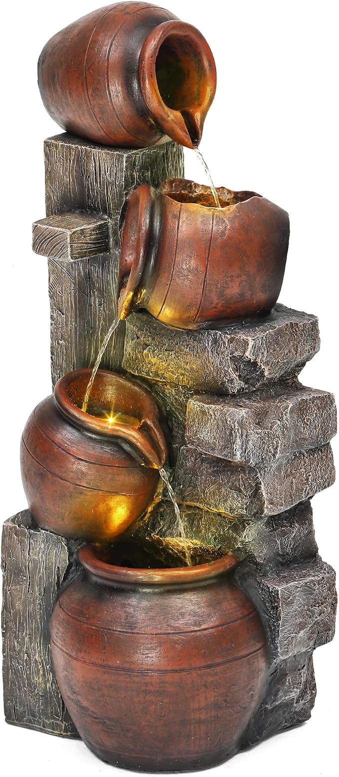 AUTODAYA 31.5" H Outdoor Water Fountain with LED Lights and Pump, Cascading Pitchers Farmhouse Garden Fountain Waterfall for Patio, Porch, or Yard