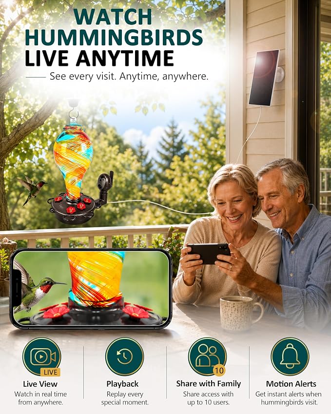 LUJII Smart Hummingbird Feeder with Camera for Outdoor Hanging, Hand Blown Glass, Solar WiFi Feeder with Live View App, 6 Feeding Ports, Leak-Resistant Design, Ant Moat & Gift Box, 36 fl oz, Ribbon