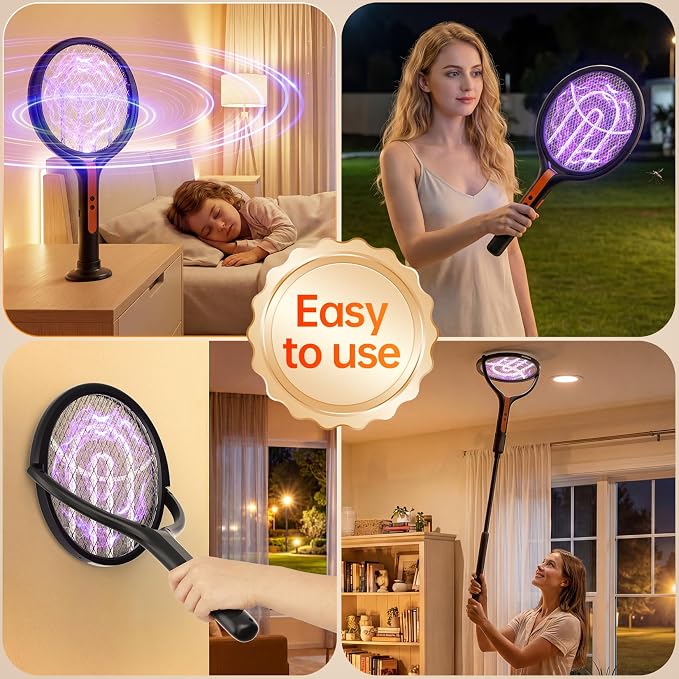Rotating Head Electric Fly Swatter, 2800V Bug Zapper with Telescopic Extension, 3-in-1 Rechargeable Mosquito Racket for Handheld/Standing/Wall Mount Use - Indoor Outdoor