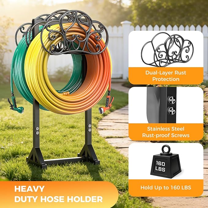 Garden Hose Holder Holds 2 * 160Ft Hoses, Heavy-Duty Freestanding Water Hose Holder with 4 Spikes, Rustproof Hose Stand Hose Hanger Storage Hose Rack for Outside, Yard, Lawn, Farm